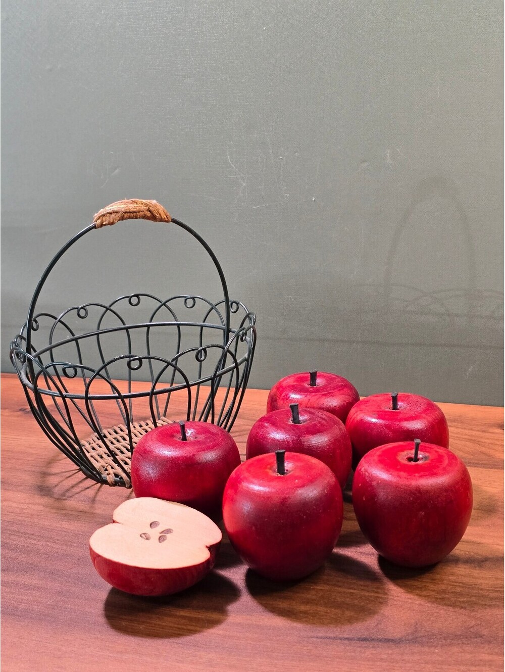 Vintage Faux Wooden Apples Set of 6 Wire Metal Gathering Egg Basket - Picture 3 of 5